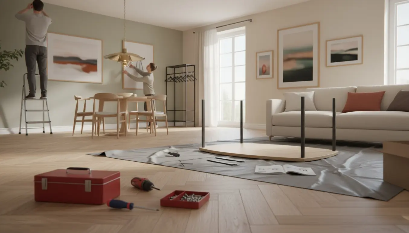 Åben stue-køkken med personer, der hænger lamper, sætter billeder op og samler møbler, set uden tydelige ansigter.