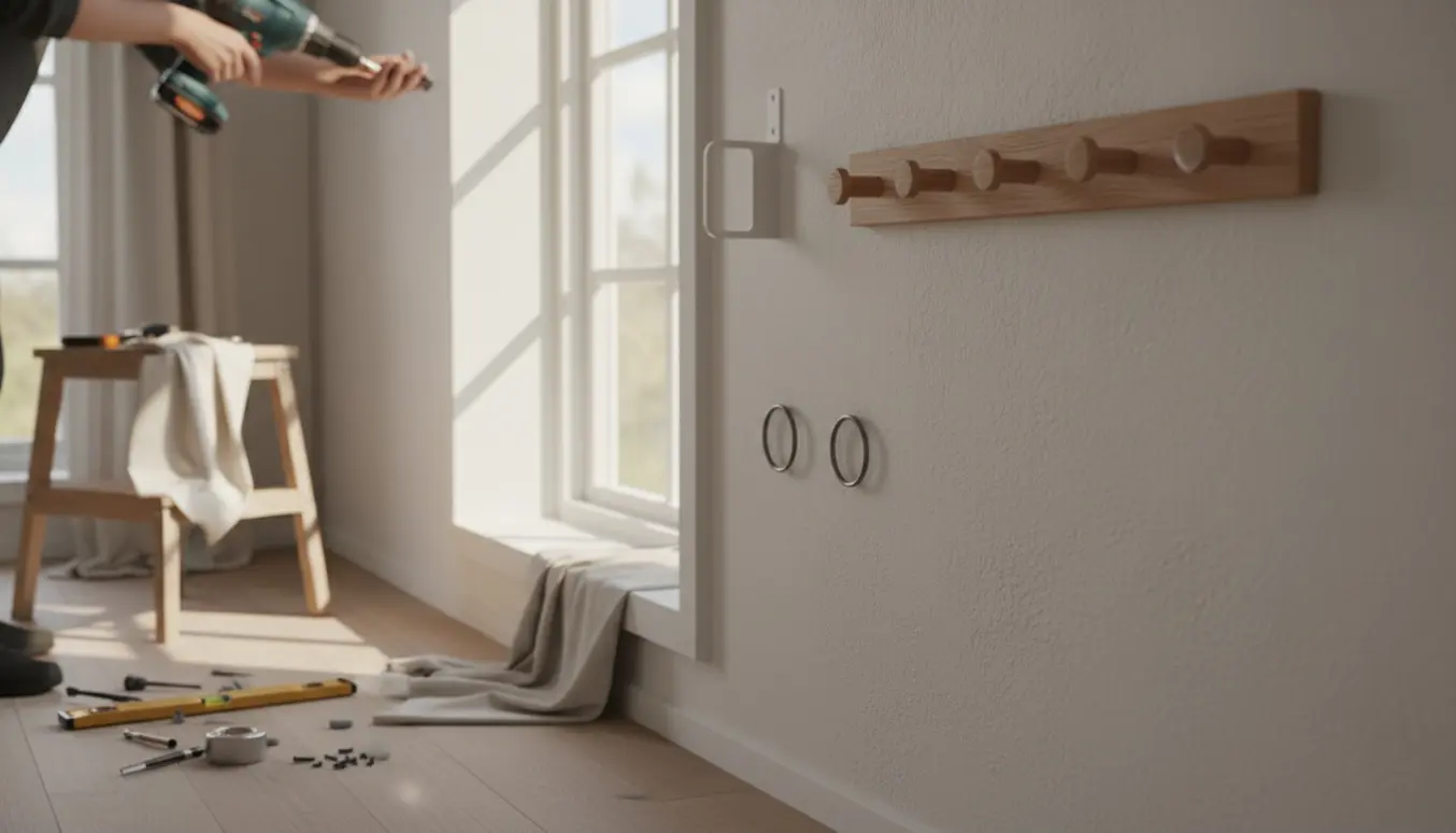 Hænder monterer gardinstang og knagerække på en hvid væg med boremaskine og værktøj i en lys entré.