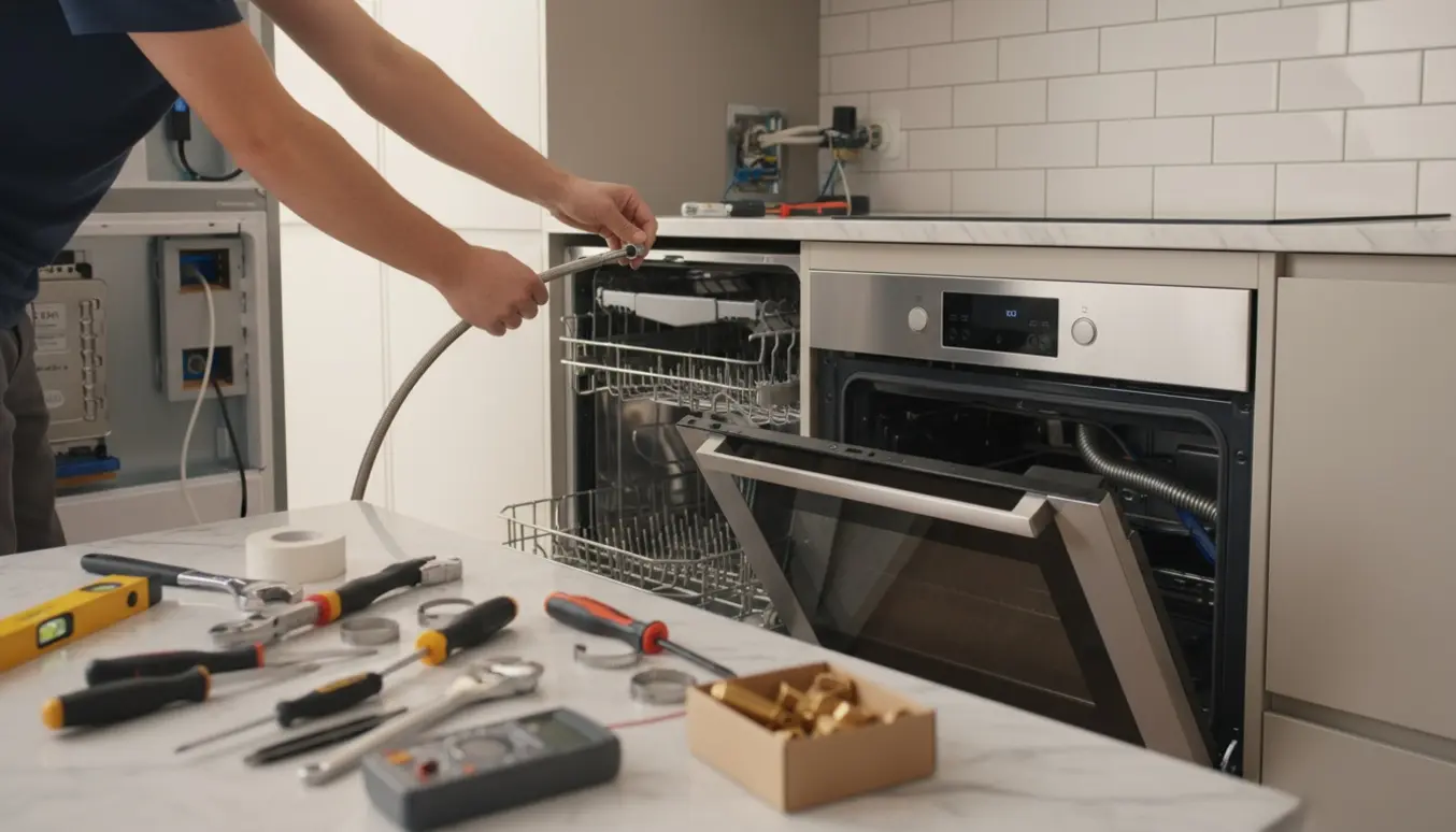 Tekniker uden synligt ansigt tilslutter opvaskemaskine, ovn og køleskab i et lyst, moderne køkken.