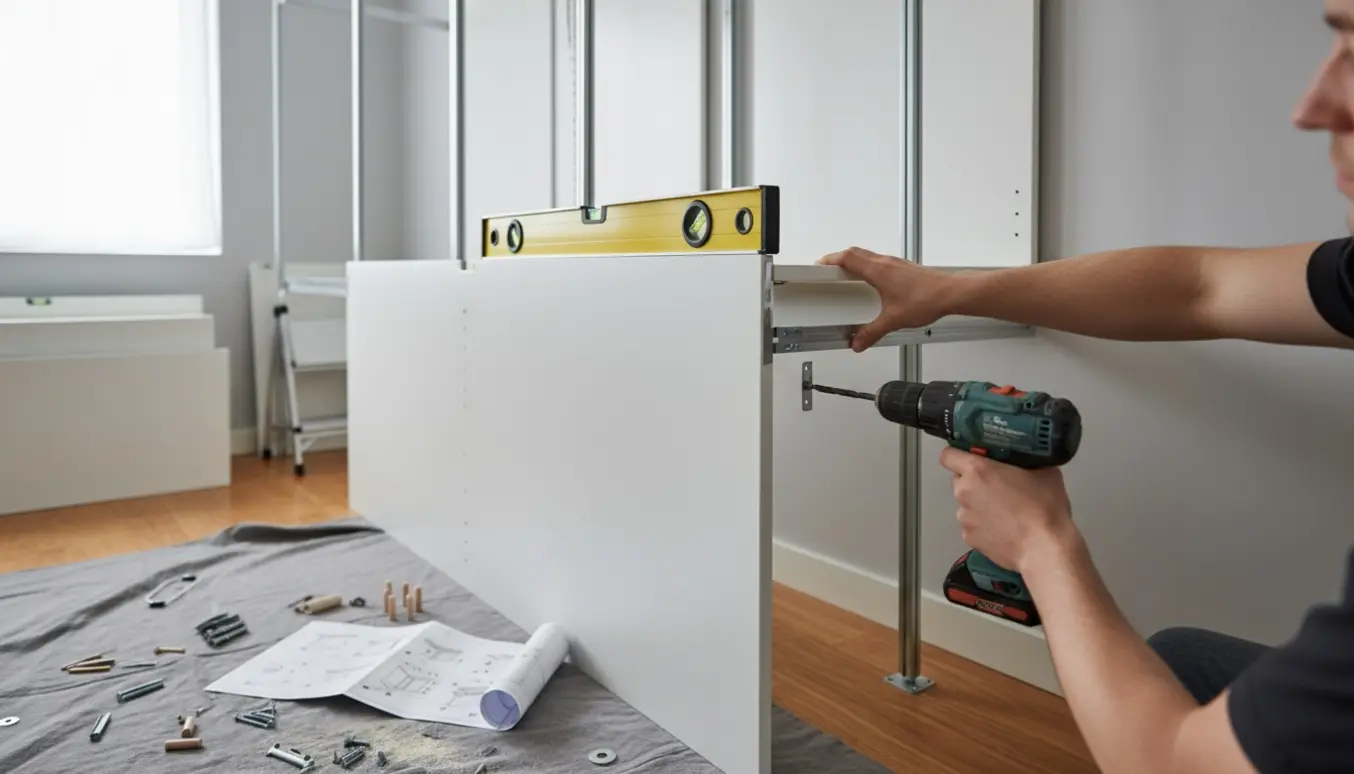 Et hvidt modulskab bliver samlet og fastgjort til væggen i et lyst soveværelse, med værktøj og hænder i fokus.