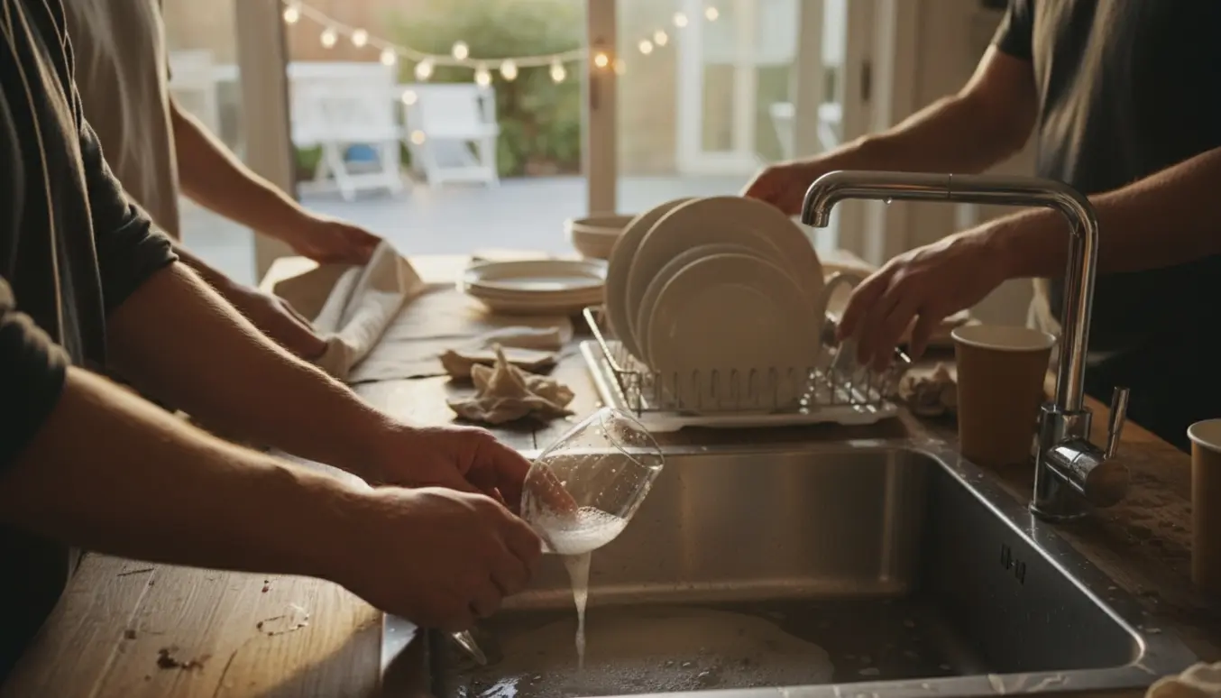 Hænder vasker op og rydder service væk i et køkken efter en fest med mange gæster.