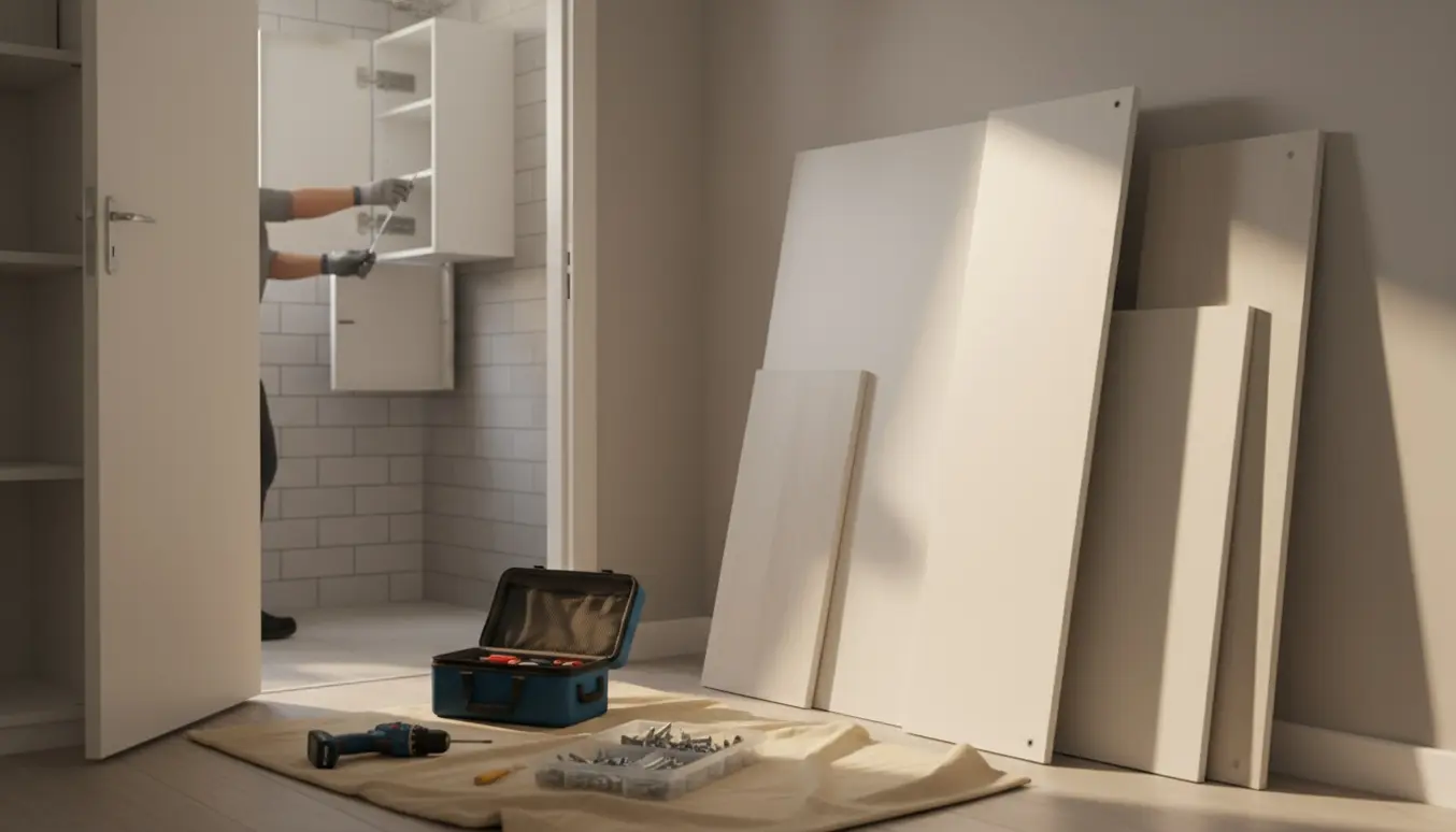 Halvt adskilt garderobe og et delvist nedtaget badeværelsesskab med værktøj og skruer klar.