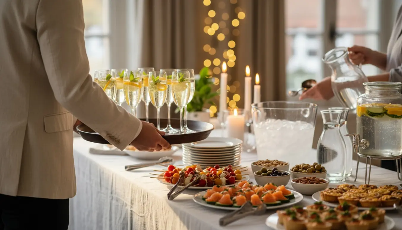 Server lægger velkomstdrinks og anretter snacks på et elegant buffetbord uden synlige ansigter.