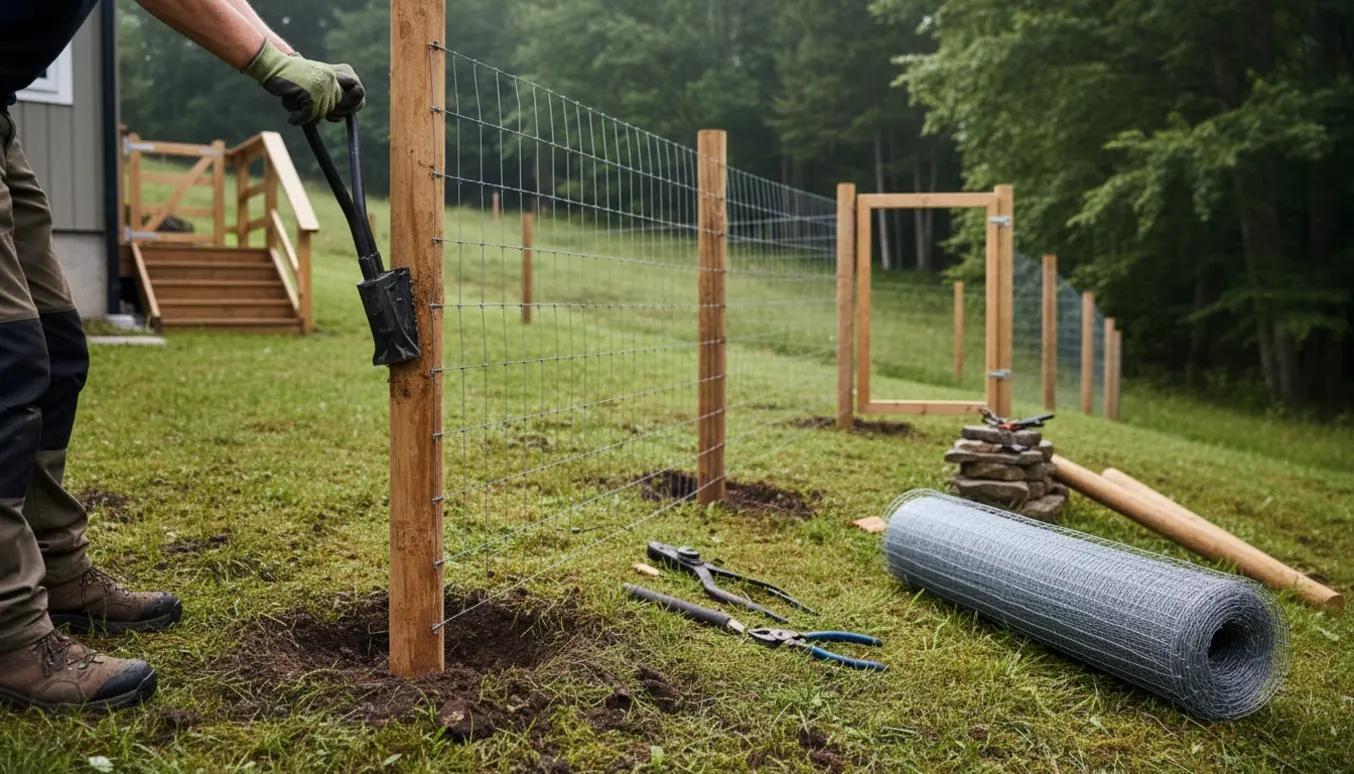 Håndværker slår en træpæl i blød mosejord og begynder at montere trådhegn langs en skrånende have med skov i baggrunden.