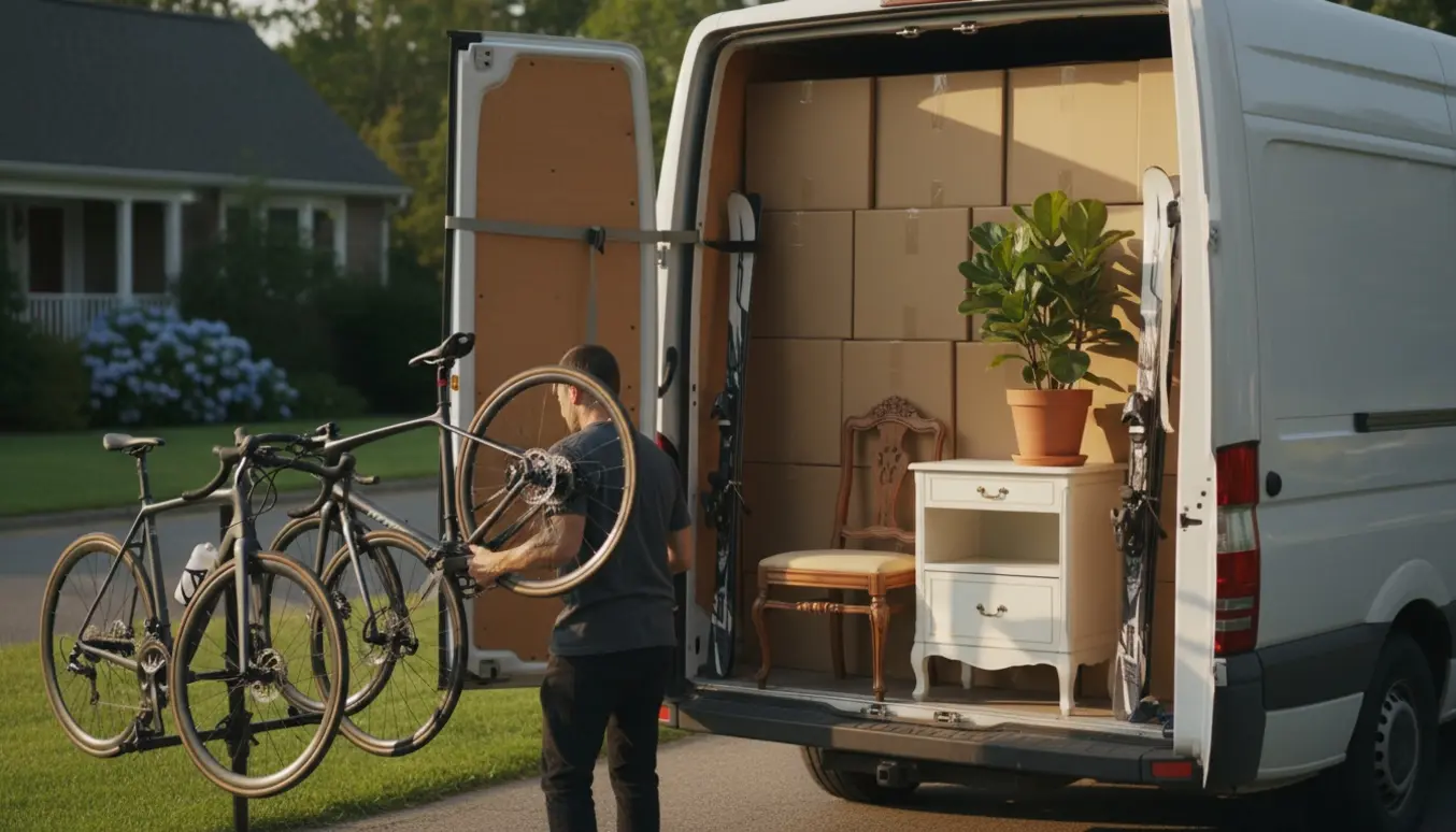 Flyttebil på indkørsel med stabler af flyttekasser, en stol, servante, tre cykler, ski og en potteplante under lastning.