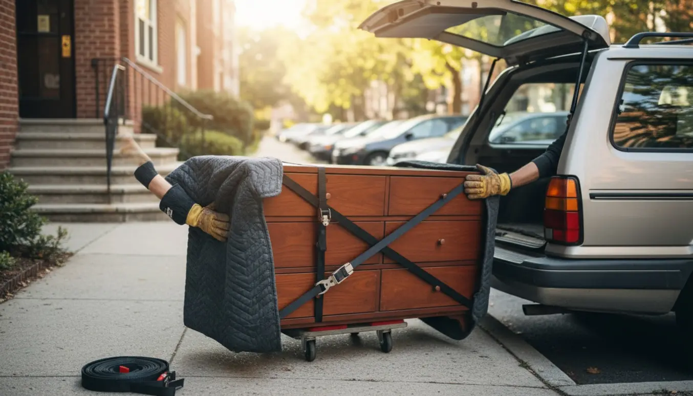 En bred trækommode pakkes ind i tæpper og læsses ind i en varebil på en stille villavej.