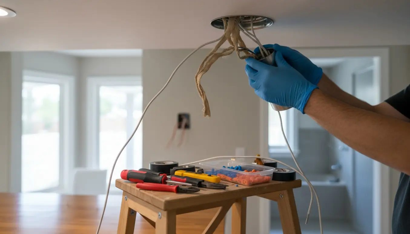 Handskerklædte hænder udskifter gamle stofledninger i et køkkenloft med værktøj og en lampe klar til montering, mens to løse ledninger ses i badeværelset i baggrunden.