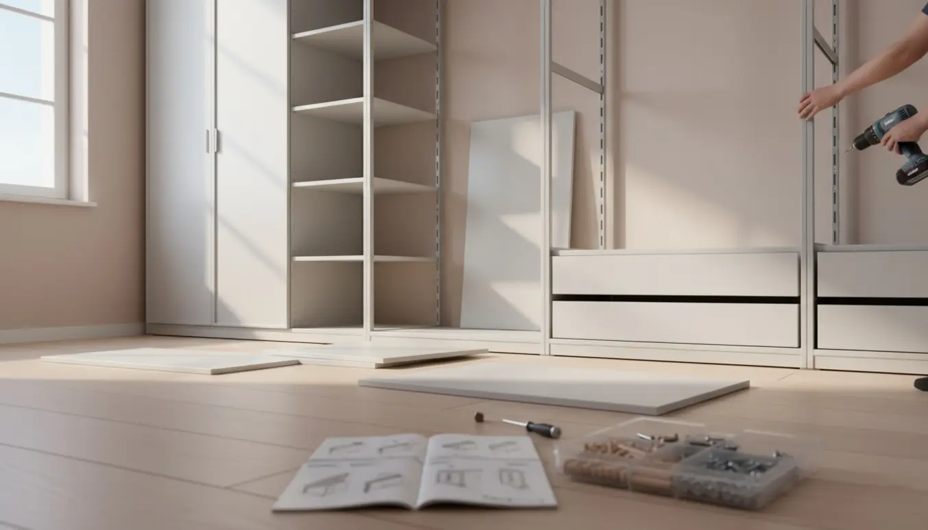 To PAX-lignende skabe under montering i et lyst soveværelse med værktøj og dele lagt frem.