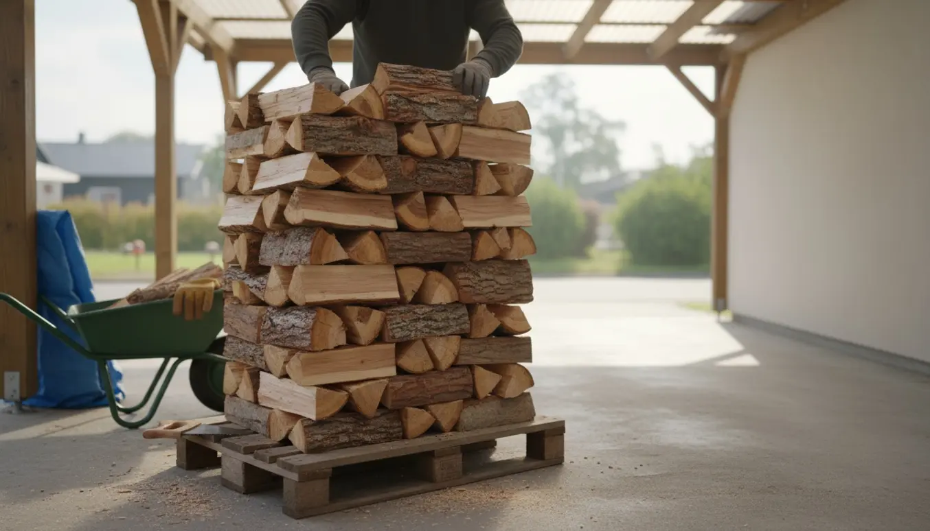 Et ordentligt stablet brændetårn i en carport med hænder, der placerer en træklods.