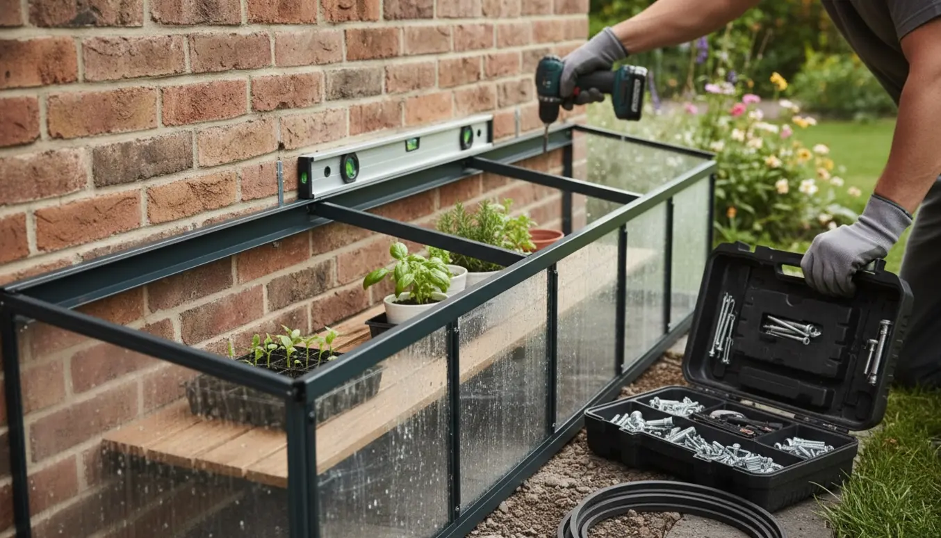 Montage af et vægdrivhus med sokkel mod en mur, nærbillede af værktøj og hænder der fastgør rammen.