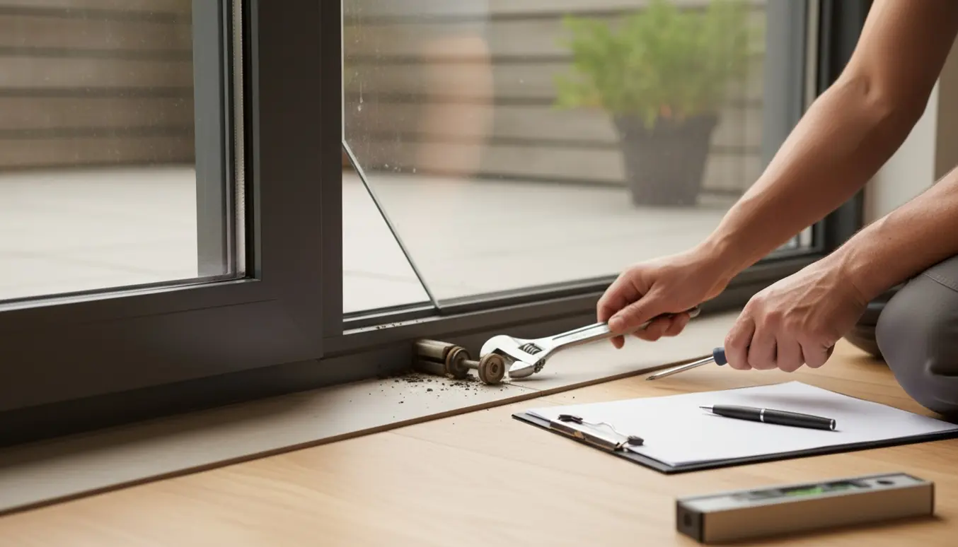 Tekniker justerer en sunket skydedør ved gulvets spor med værktøj og en blank tjekliste.
