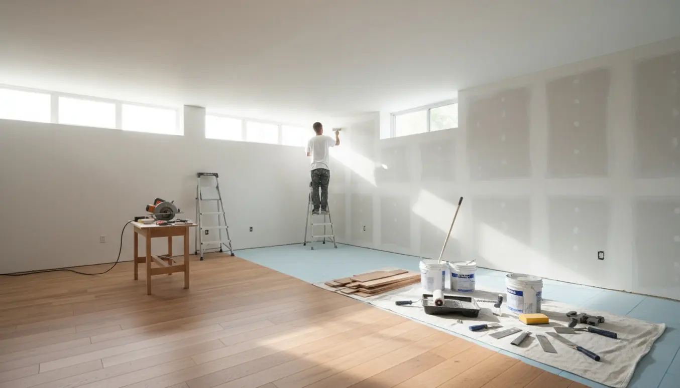 Kælderlejlighed under renovering med spartlede vægge, maling i gang og nyt trægulv delvist lagt.