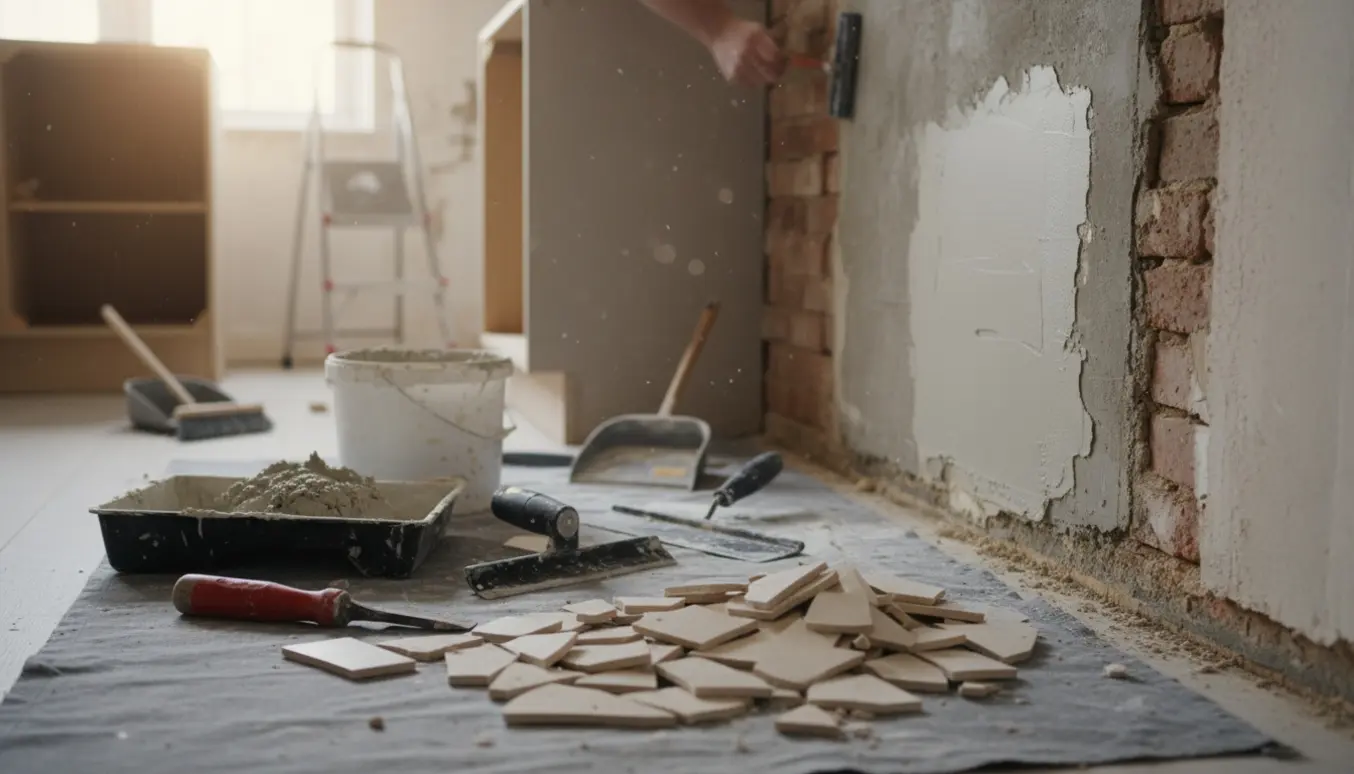 Nedrevet køkkenvæg med fjernede fliser, værktøj og frisk puds klar til reparation og maling.