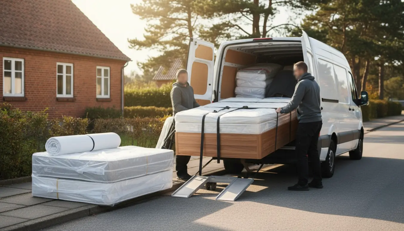 En kontinental seng (bund, springmadras og rullemadras) bliver læsset i en varevogn på en stille dansk villavej.
