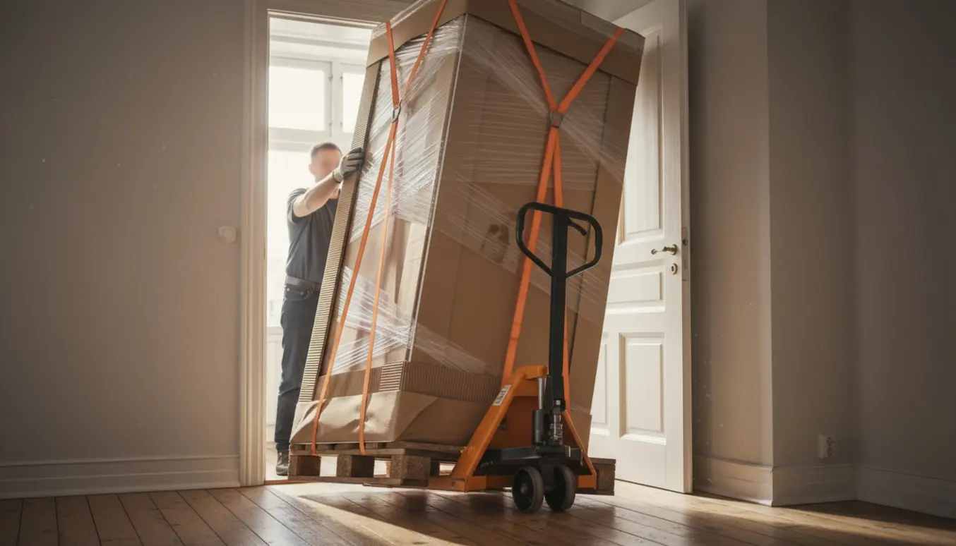 To flyttemænd bruger bæreseler til at bære et indpakket skab gennem hoveddøren.