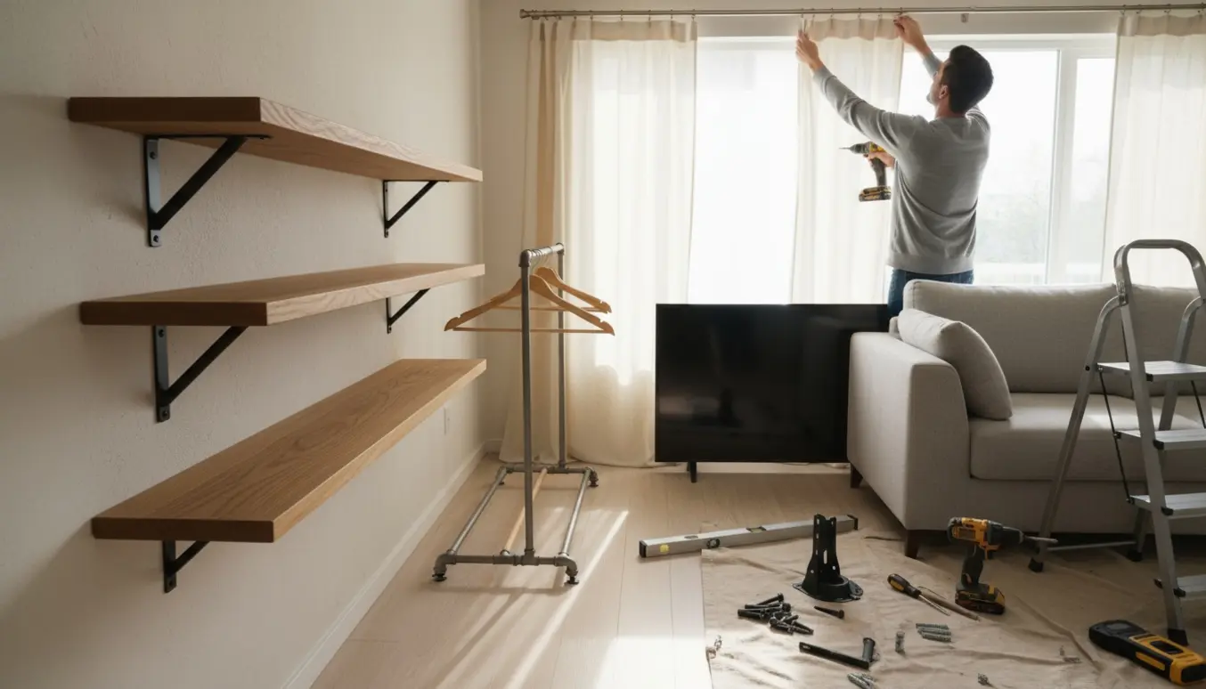 Værktøj og hænder monterer hylder, gardinstang og loftbeslag til TV ved en stuevæg, mens et faldet tøjstativ ligger klar til genmontering.