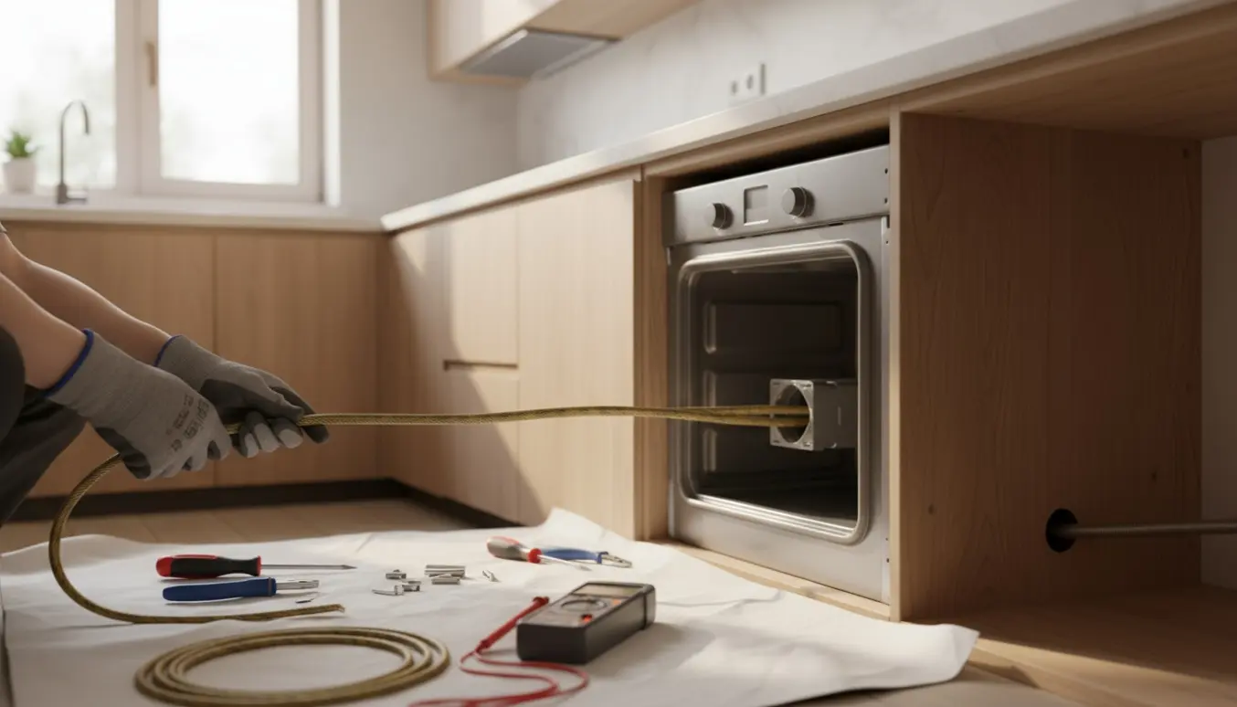 Hænder i isolerede handsker trækker nye elkabler til ovn i et køkken under renovering.