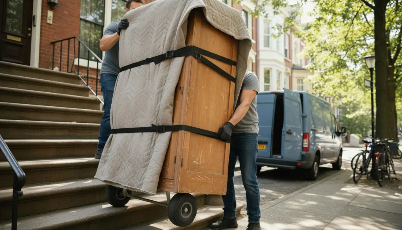 To personer bærer et tæppeindpakket klædeskab ned ad en udendørs trappe mod en varevogn ved kantstenen.