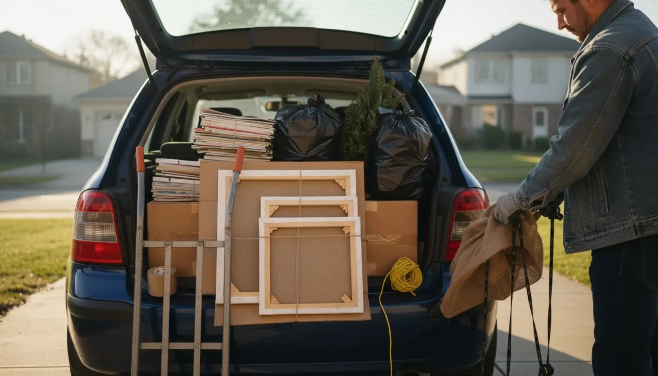 En person læsser malerlærreder, pap og et bundet lille juletræ ind i en bil på indkørslen.