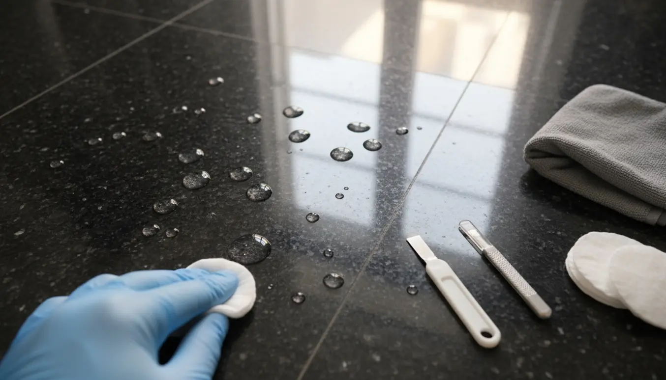 Nærbillede af sort granitgulv med dråber neglelim og handsker, acetone og skraber klar til rengøring.