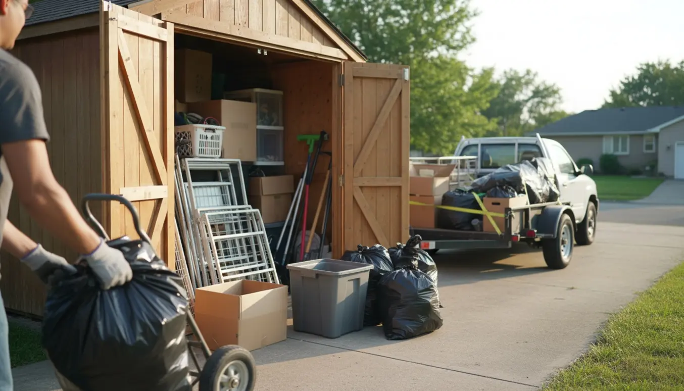 To hjælpere tømm er et lille træskur og læsser sække og kasser på en lille trailer på indkørslen.