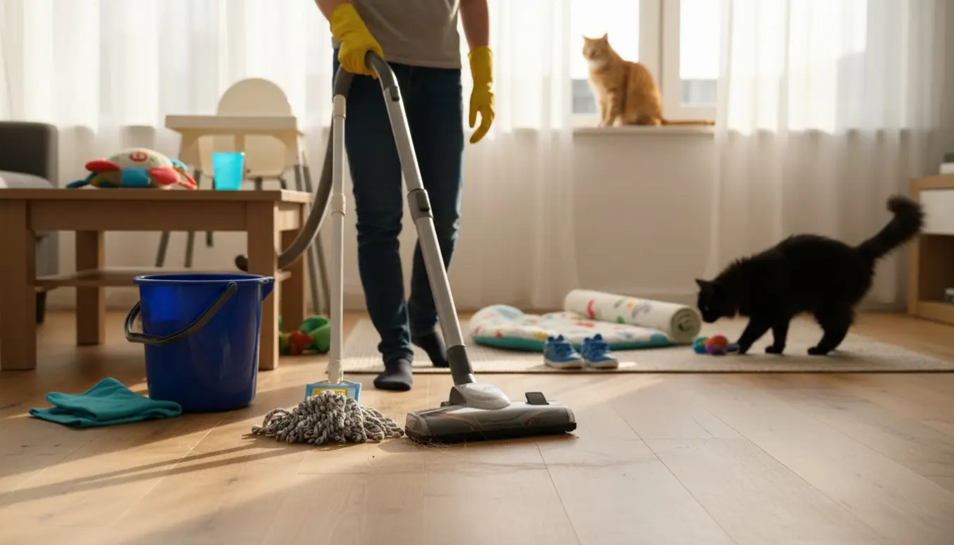 Soloplyst familie-stue med rengøringsredskaber, to katte og babylegetøj mens en person støvsuger.