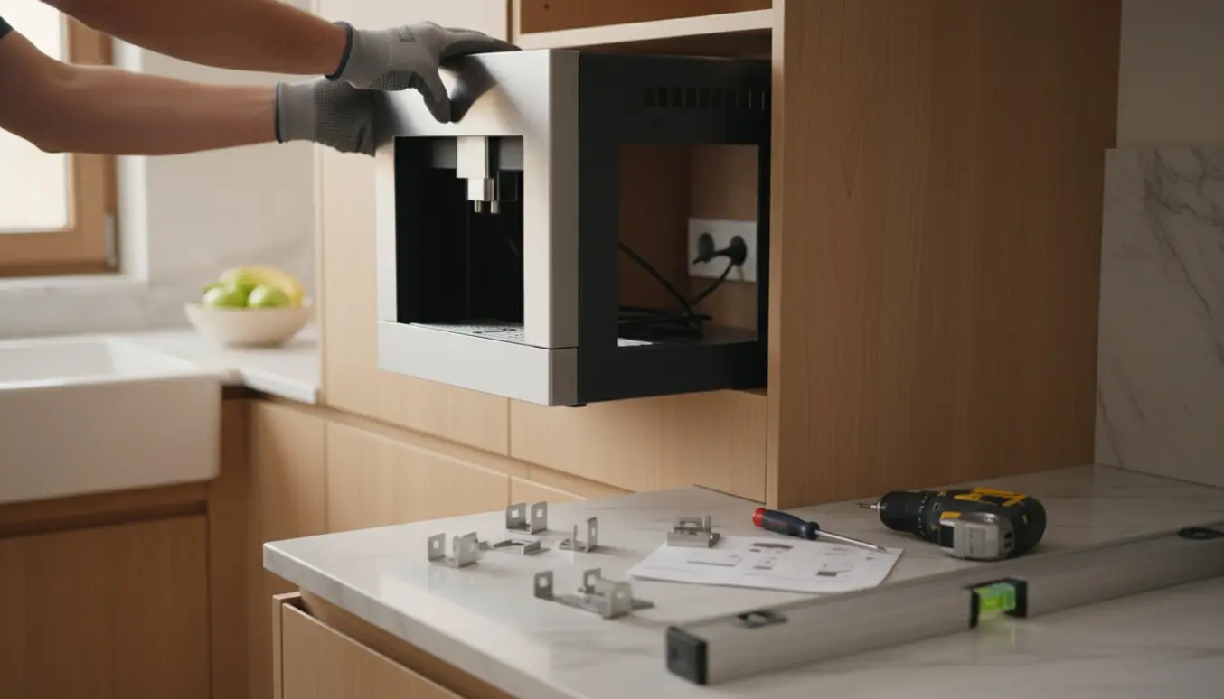 Nærbillede af en indbygningskaffemaskine, der monteres i et moderne køkken med værktøj og strømtilslutning synlig.