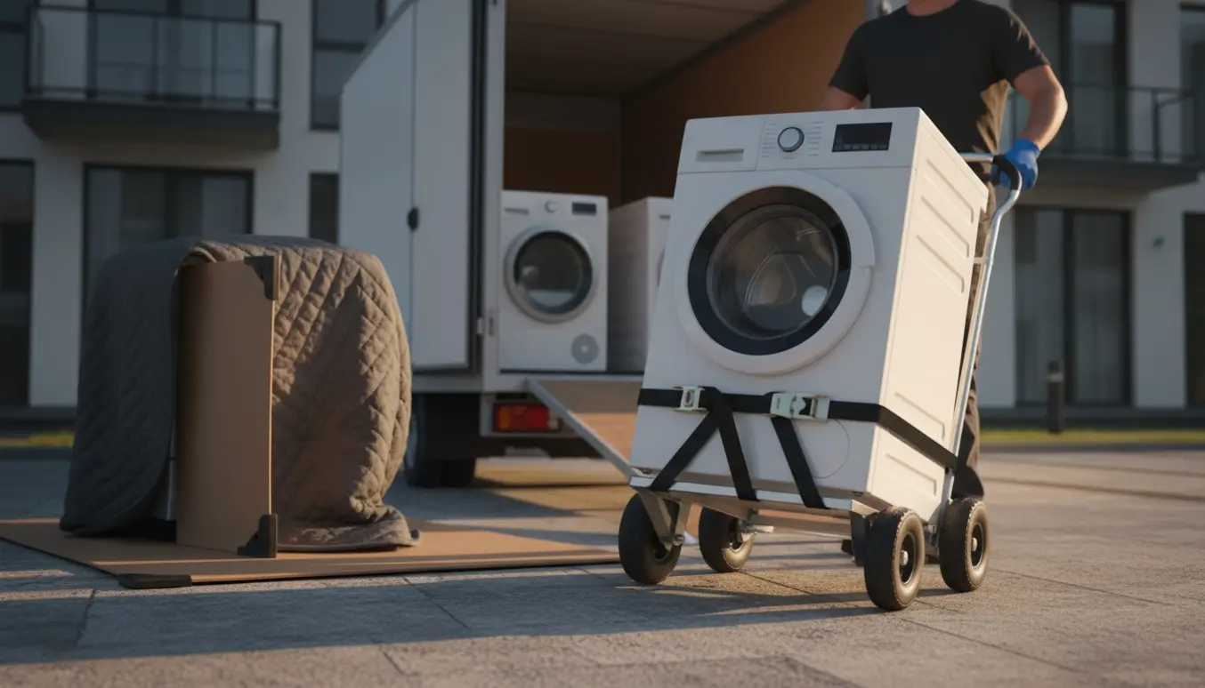 Tre hvidevarer (vaskemaskine, opvaskemaskine, tørretumbler) bliver læsset ind i en flyttevogn med dolly og flyttetæpper.