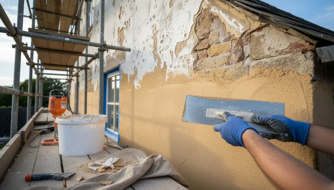 Gavl under pudsning med handskeklædte hænder, der glatter indfarvet puds på en væg med afskallet maling.