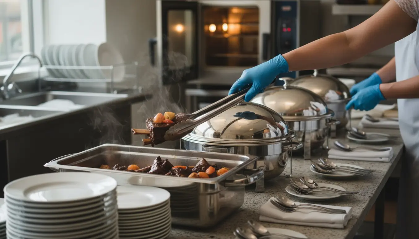Køkkenpersonale anretter varm mad i serveringsfade ved buffet med opvask og tallerkener i baggrunden.
