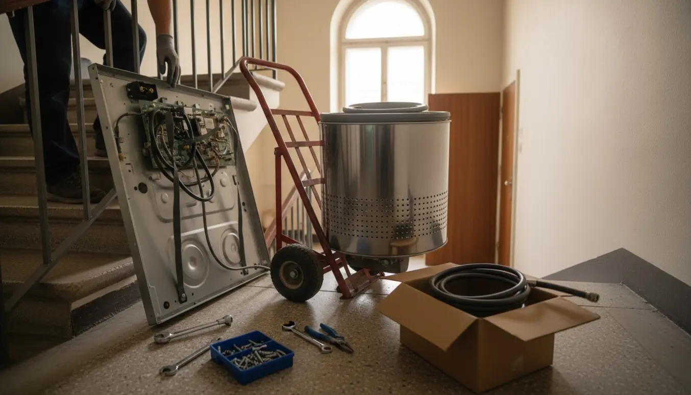 Demonteret vaskemaskine og tromle på en trappeopgang klar til afhentning og bortskaffelse.