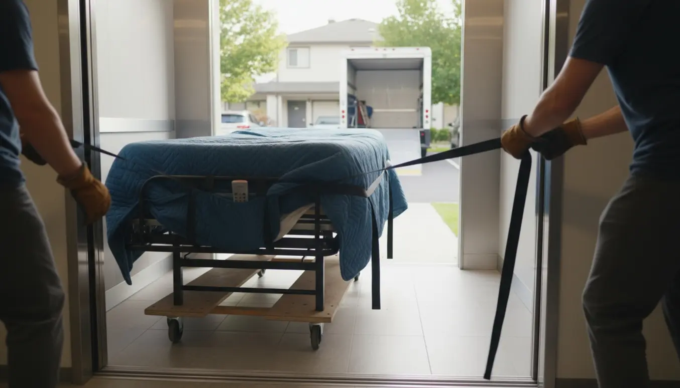 En elevationsseng pakket i flyttetæpper trækkes ud gennem elevatoren mod carporten.