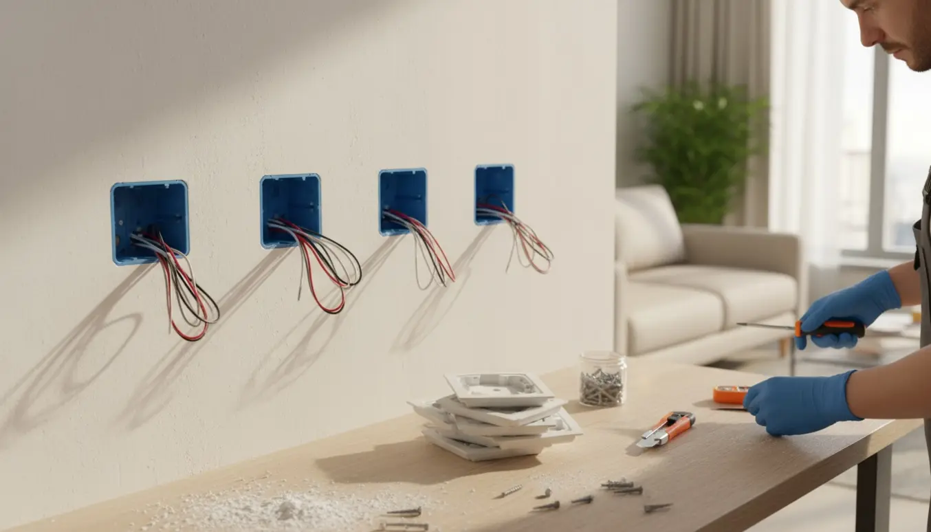Hænder fra en elektriker monterer flere stikkontakter i en lys lejlighed uden ansigt synligt.