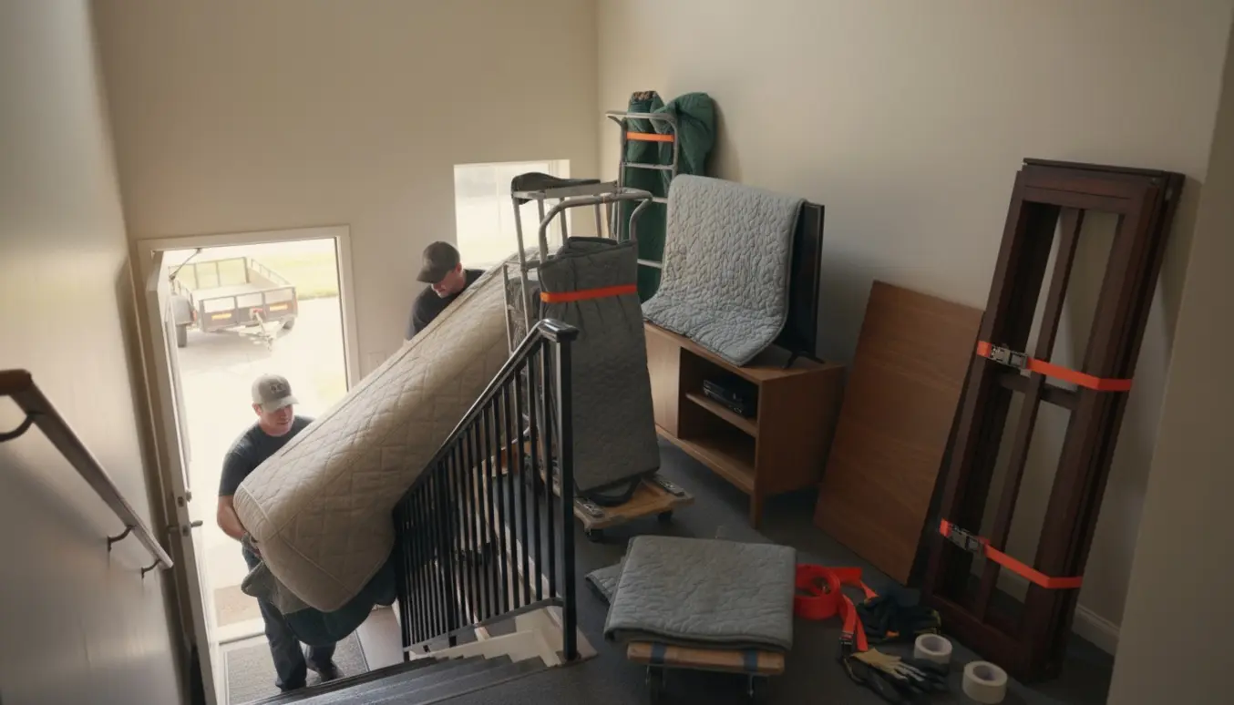 To flyttemænd bærer en indpakket boxmadras ned ad en trappeopgang med møbler og flytteudstyr klar.