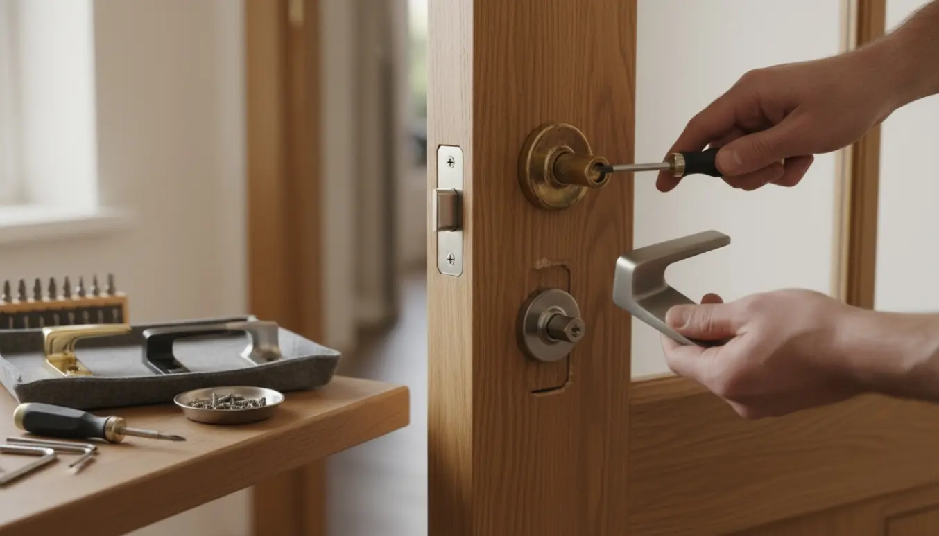 Nærbillede af hænder, der afmonterer et dørhåndtag med reservedele og værktøj på et bord i blødt dagslys.