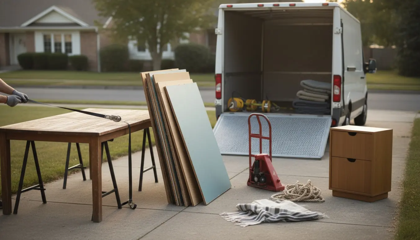Havebord, adskilt garderobeskab og skoskab stillet ude ved indkørsel klar til afhentning med trailer.