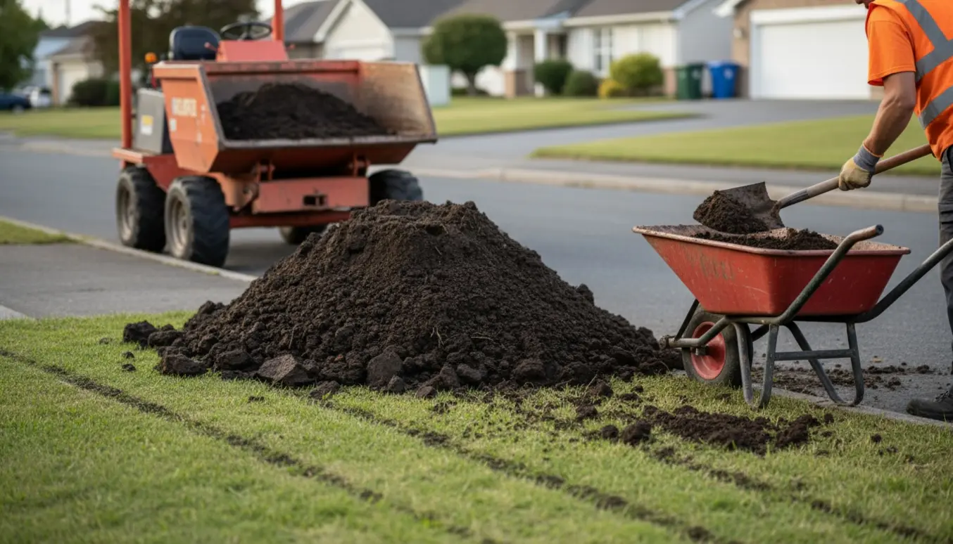 En arbejder set bagfra flytter en stor bunke jord ved vejkanten med skovl og trillebør.