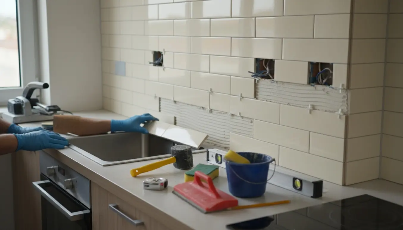 Hænder lægger 30×10 cm fliser i forbandt over køkkenbordet ved vask og kogeplade med værktøj synligt.