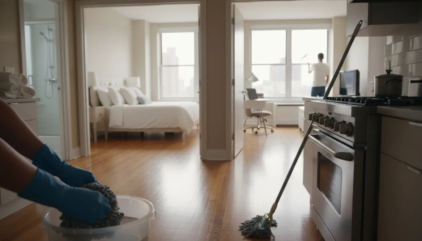 Lyse rum i en lejlighed under hovedrengøring med handsker, moppe og pletfri overflader.