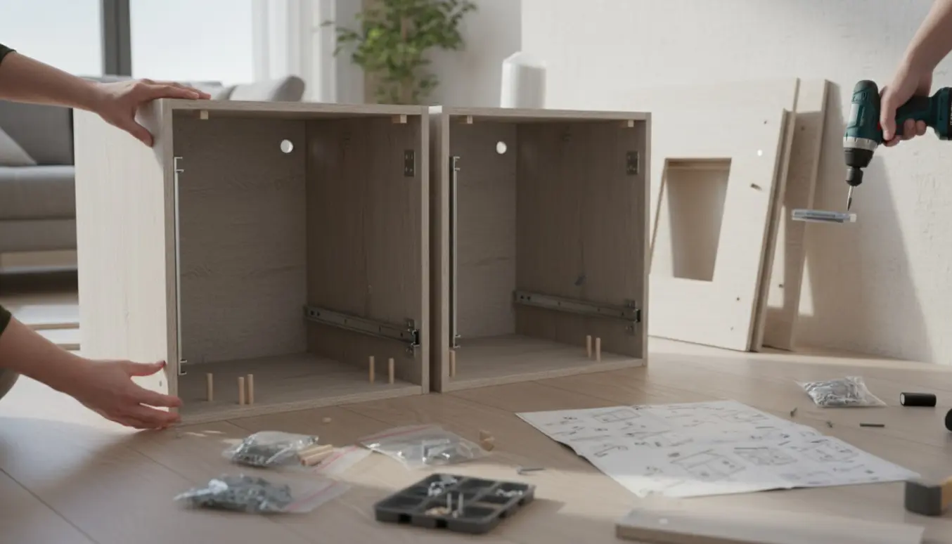 To partially samlede skabstammer uden låger med skruemaskine og samlematerialer i en lys, moderne stue.