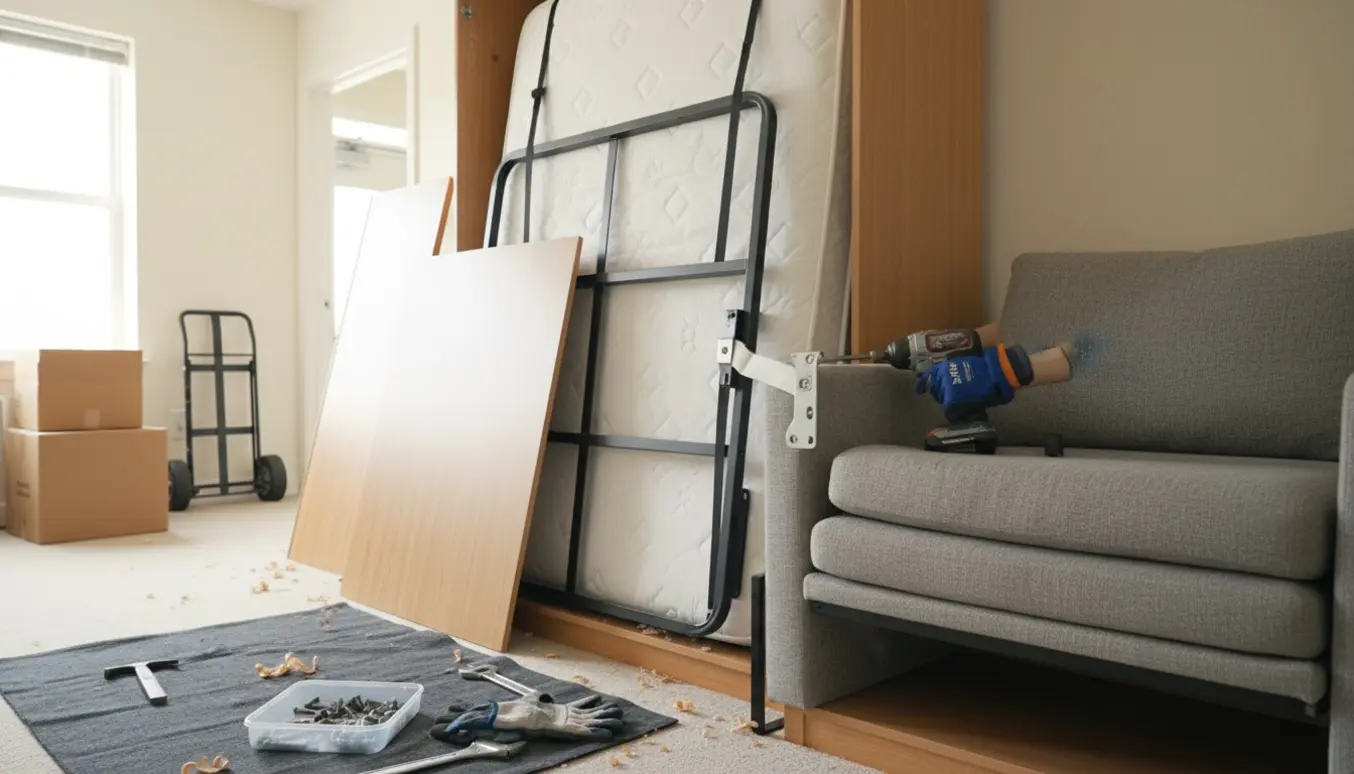 Delvist nedrevet vægseng med indbygget sofa, værktøj og madrasser klar til bortkørsel.