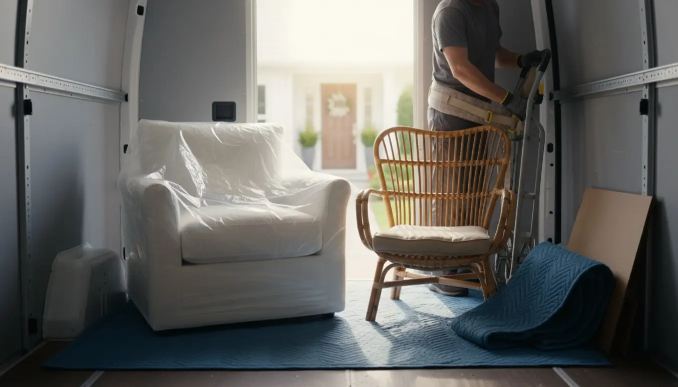 To lænestole, en tung hvid polstret stol og en let rattanstol, står i bagenden af en varevogn klar til afhentning.