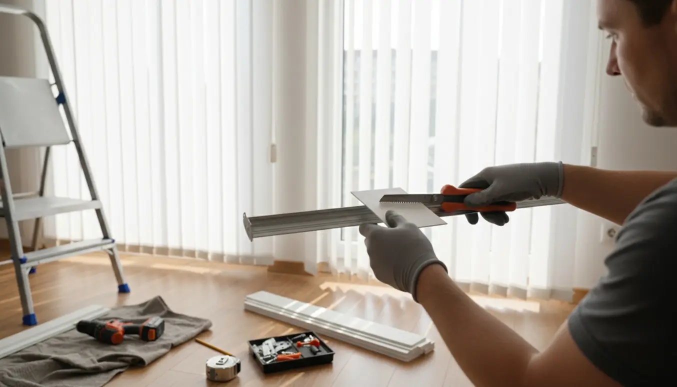 Håndværker forkorter og monterer tre lamelgardiner ved et vindue med værktøj og afkortede lameller på gulvet.