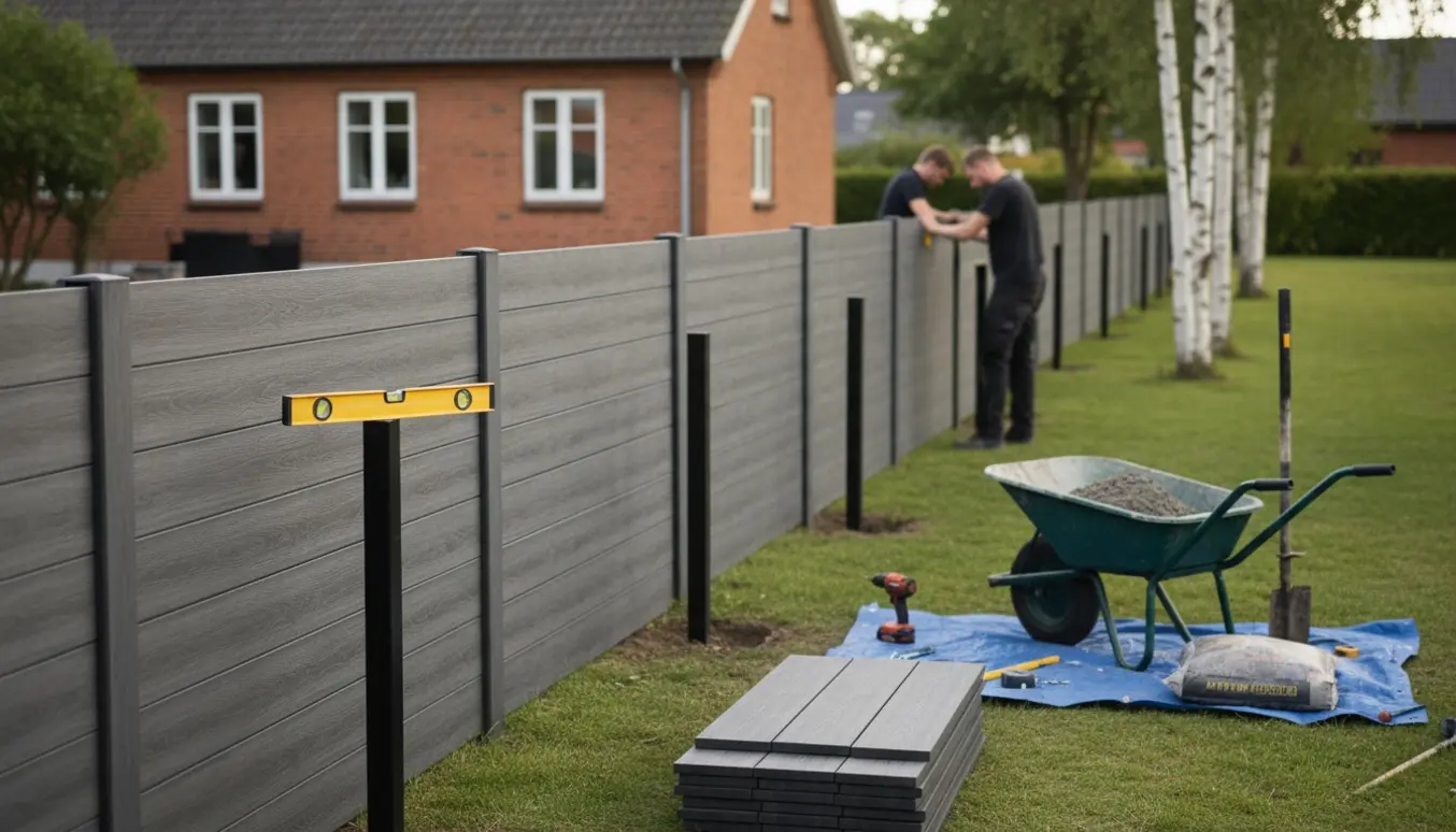 Installation af 160 cm højt komposithegn i en forstadshave med værktøj og materialer.