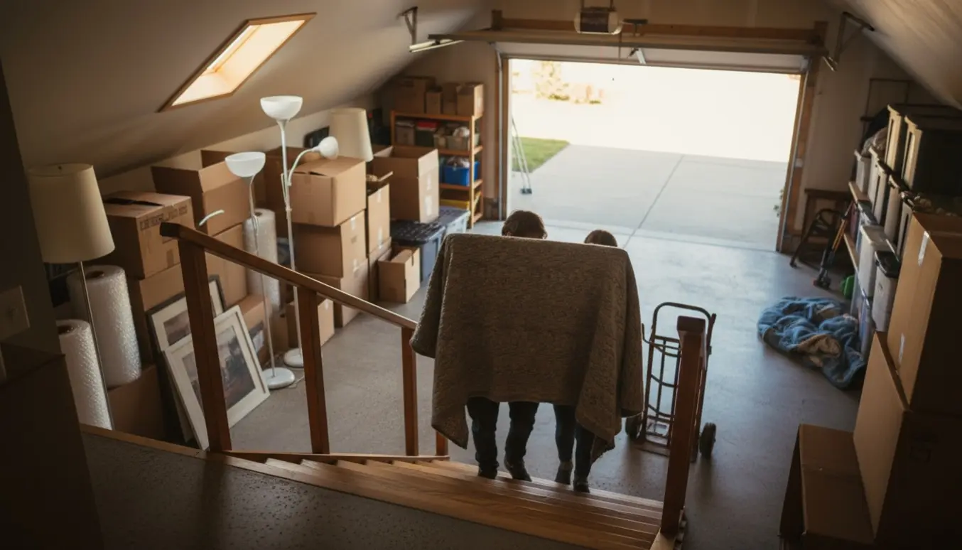 To personer bærer et indpakket fladskærms-tv ned ad trappen fra et fyldt loftsrum til garagen.