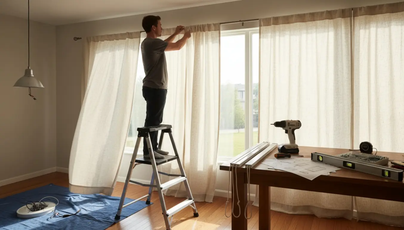Hænder monterer en gardinstang ved et vindue, med samling af persienner og en delvist adskilt loftslampe i nærheden.