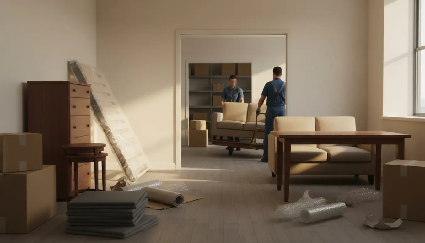 To personer flytter seng, sofa og bord fra et kollegieværelse til et depotrum, set bagfra.