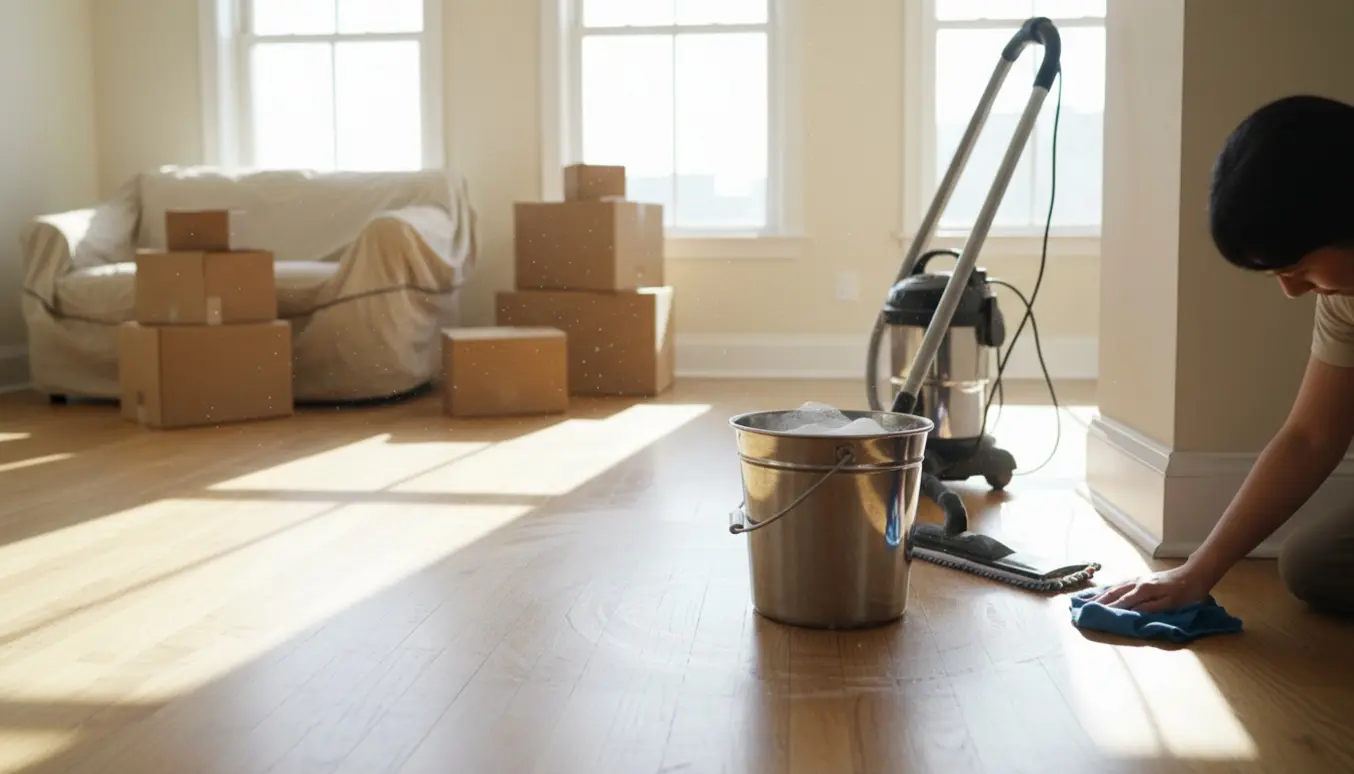 Person tørre fodliste af i en lys, tom treværelses lejlighed med rengøringsspand, støvsuger og flyttekasser.