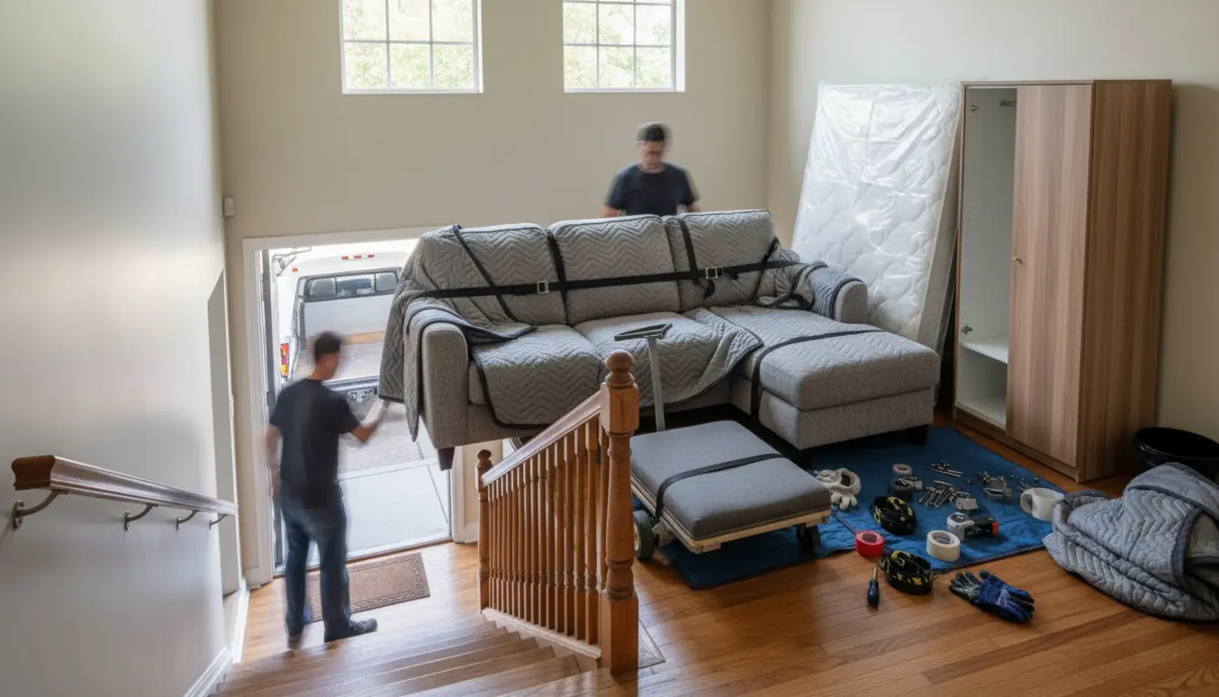 Flyttefolk bærer en chaiselong-sofa ned ad opgangen, med seng, madras og klædeskab pakket og klar til afhentning.