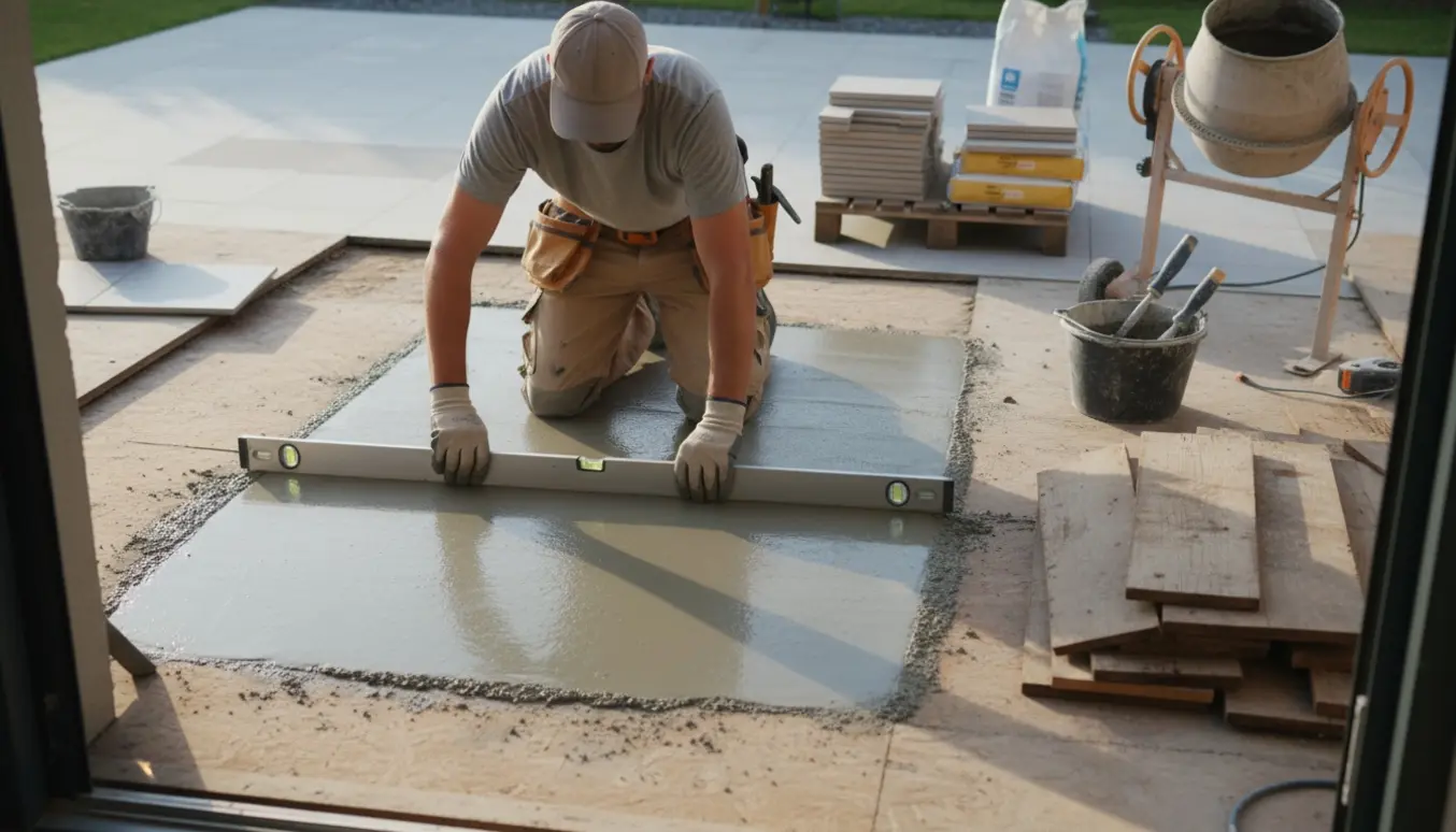 Indgangsområde under renovering med fjernet trægulv og håndværker, der udjævner nyt støbebeton klar til fliser.